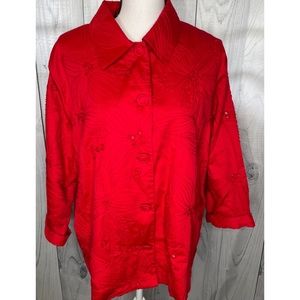 Chico’s Chicos Embroidered Beaded Floral Jacket Artsy Red Vacation Size XL